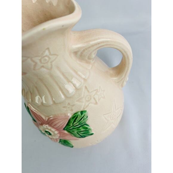 Vintage Made in USA Pottery Creamer Pitcher Pink with pink starflowers 6.5"h - Picture 5 of 9